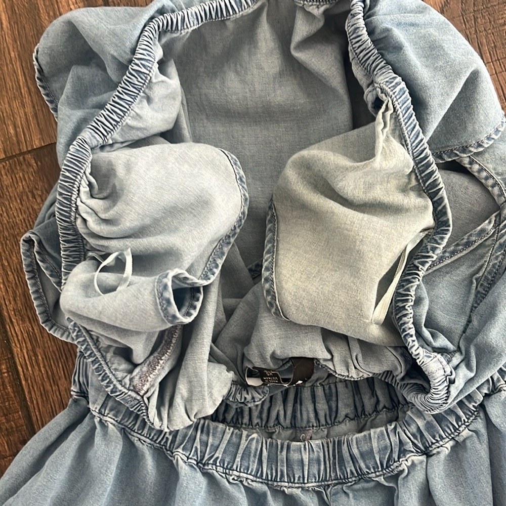 Express Denim Ruffle Off Shoulder Open Back Romper - Picture 7 of 7